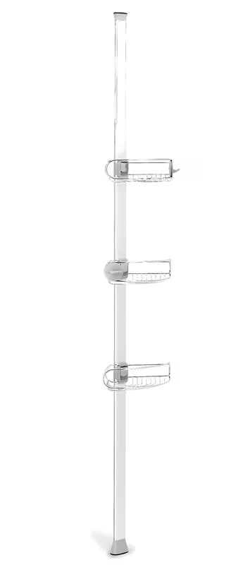 Nastavitelná sprchová tyč Simplehuman Shower caddy s drátěnými poličkami do rohu v nerezovém provedení.