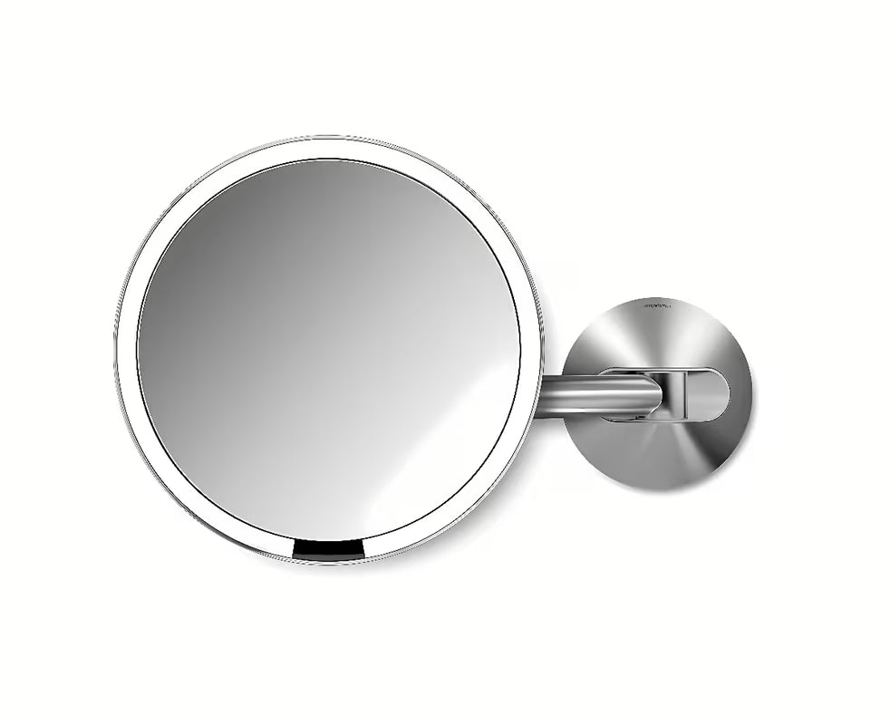 Nástěnné kosmetické zrcátko Simplehuman Wall z kartáčované nerezové oceli s Tru-lux LED osvětlením.