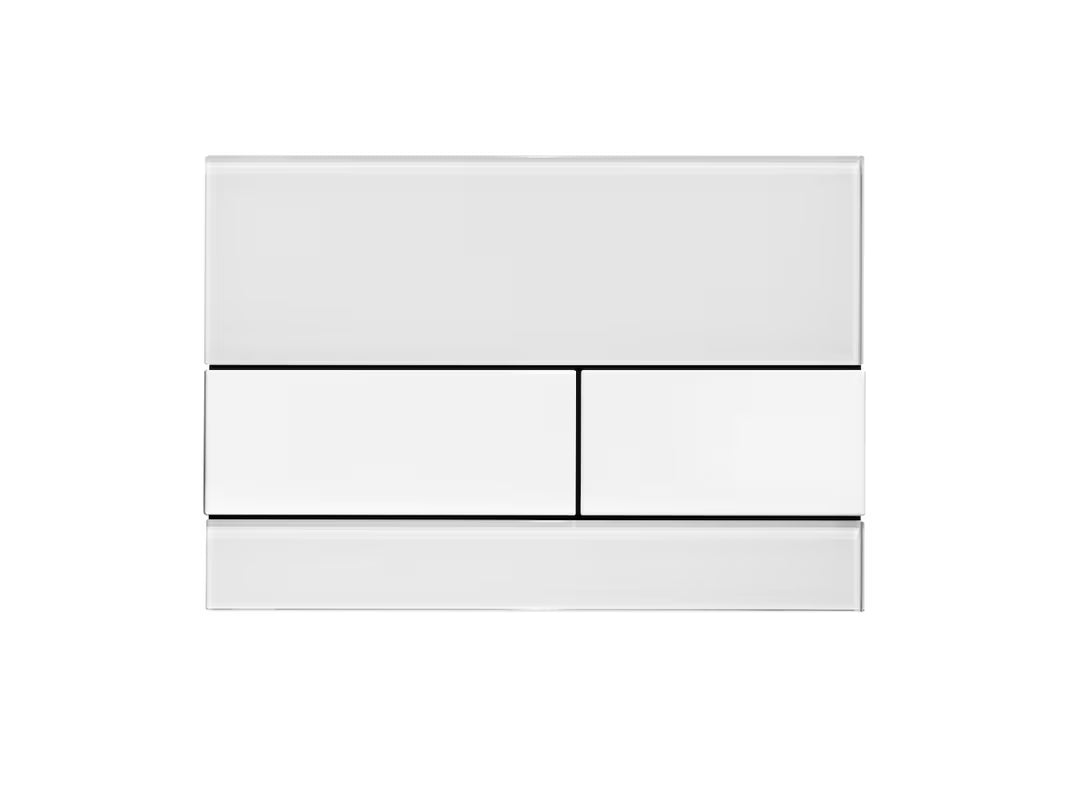 Bílé skleněné ovládací tlačítko Tece Square pro WC s dvoumnožstevním splachováním.