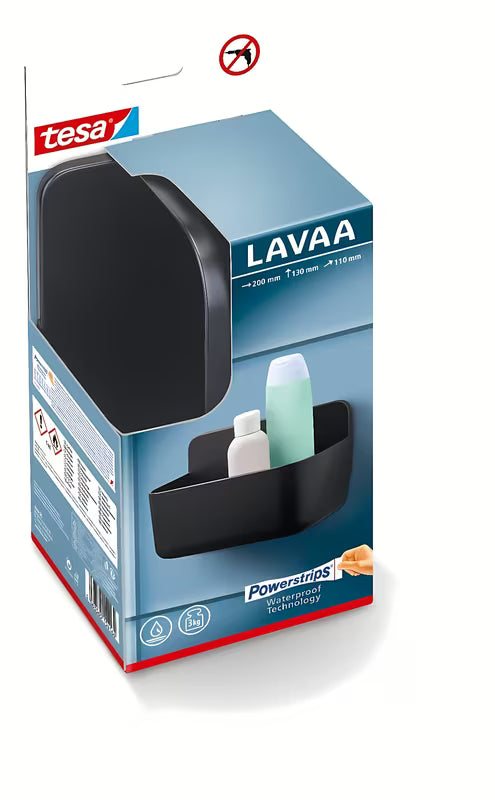 Černá sprchová polička Tesa Lavaa bez vrtání s lepicím systémem tesa Powerstrips Waterproof