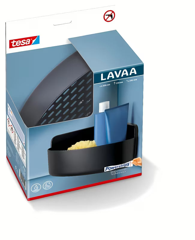 Rohová sprchová polička Tesa v matné černé barvě s montáží bez vrtání pomocí Powerstrips Waterproof.