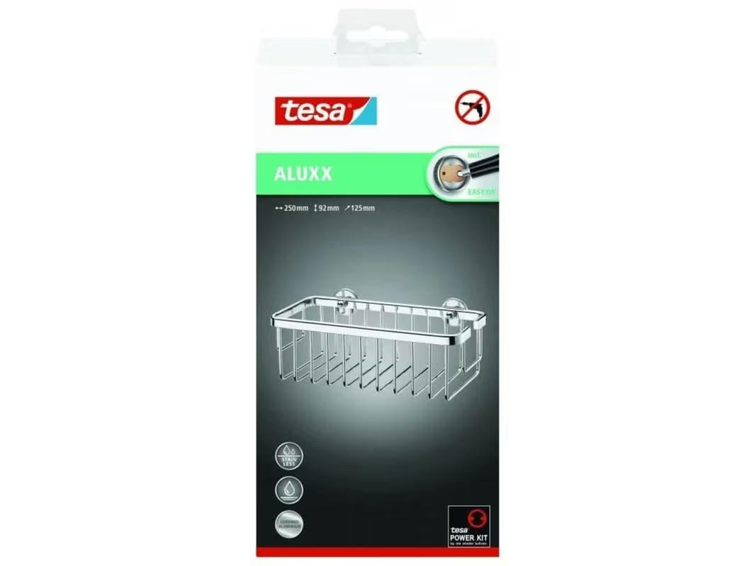 Lesklý chromový sprchový košík Tesa Aluxx pro uložení šamponů a sprchových gelů bez vrtání