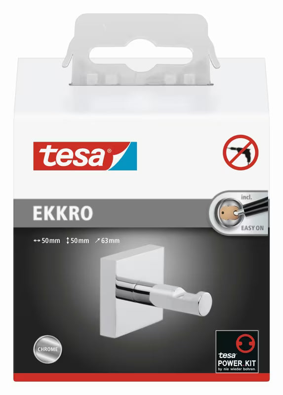 Chromový hranatý háček Tesa Ekkro na ručník s montáží bez vrtání pomocí technologie Power.Kit