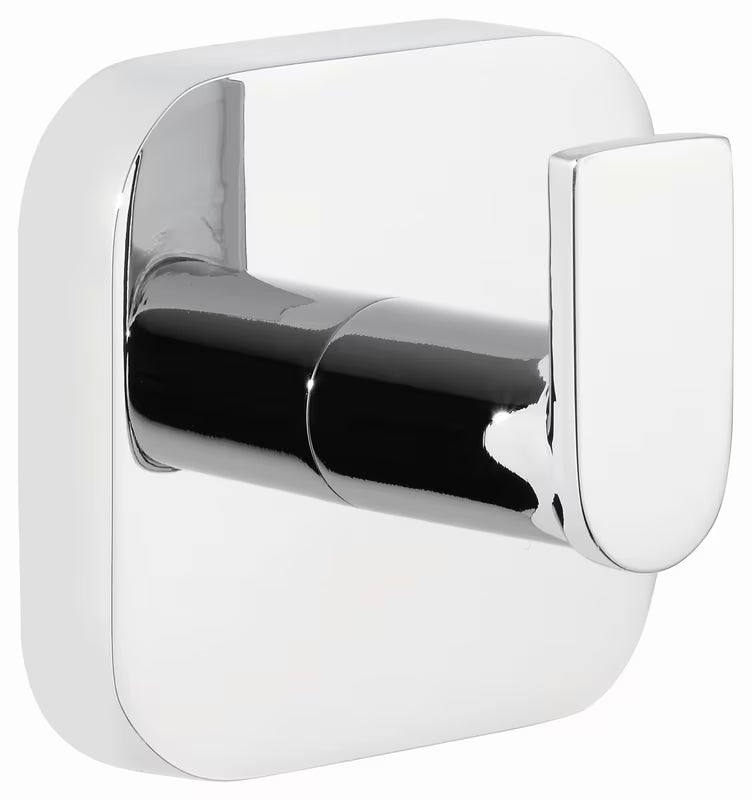 Nástěnný háček Tesa Elegaant v lesklém chromu se zaoblenými hranami pro zavěšení ručníků a županů.