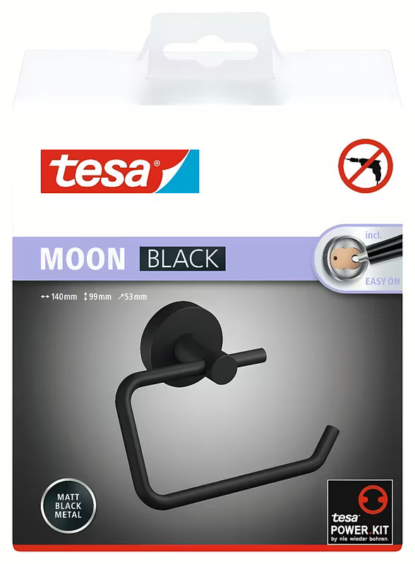 Matně černý držák toaletního papíru bez víka Tesa Moon Black s montáží tesa Power.Kit bez vrtání