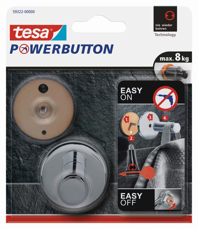 Chromuotas kabliukas Tesa powerbutton pro, montuojamas be gręžimo ant lygių paviršių, tinka vonios kambariui ir virtuvei.