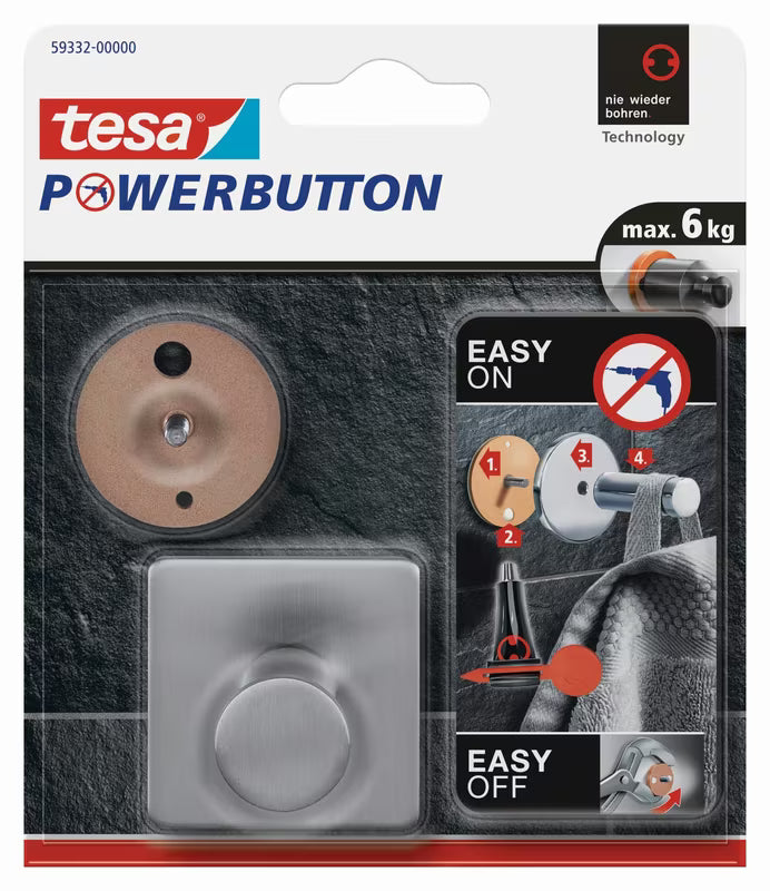Háček Tesa PowerButton Classic z kartáčované nerezové oceli pro montáž bez vrtání.
