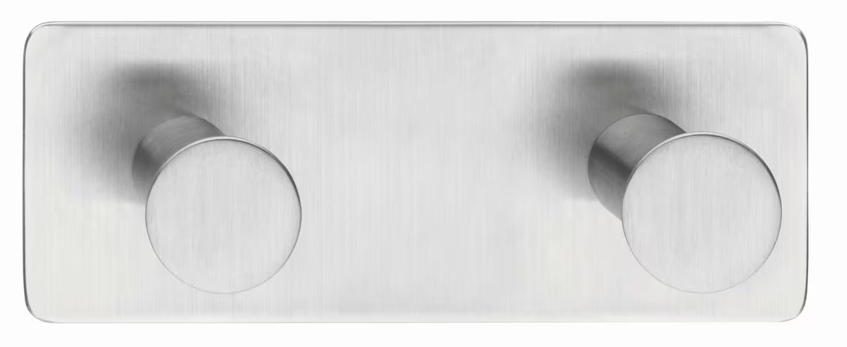 Dvojháček Tesa PowerButton z kartáčované nerezové oceli pro montáž bez vrtání na tvrdé povrchy.