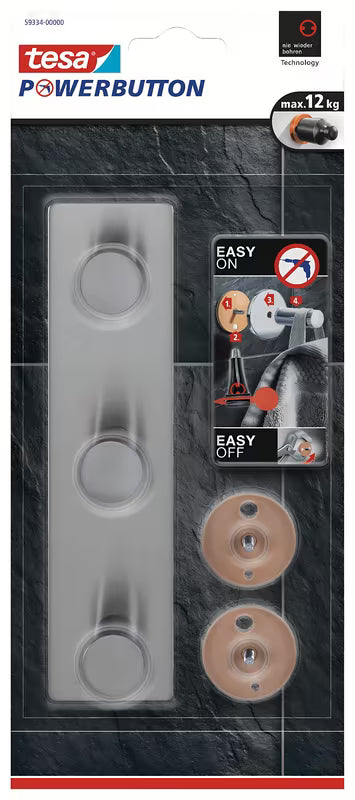 Trojháček tesa PowerButton z kartáčované nerezové oceli pro montáž bez vrtání na stěnu