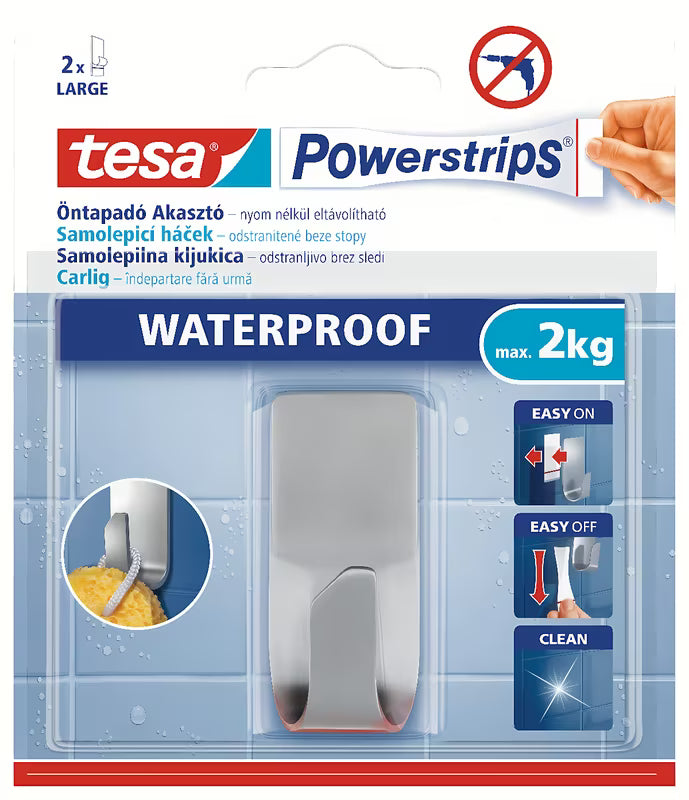 Voděodolný nerezový háček Tesa Powerstrips pro zavěšení ručníků a doplňků bez vrtání.
