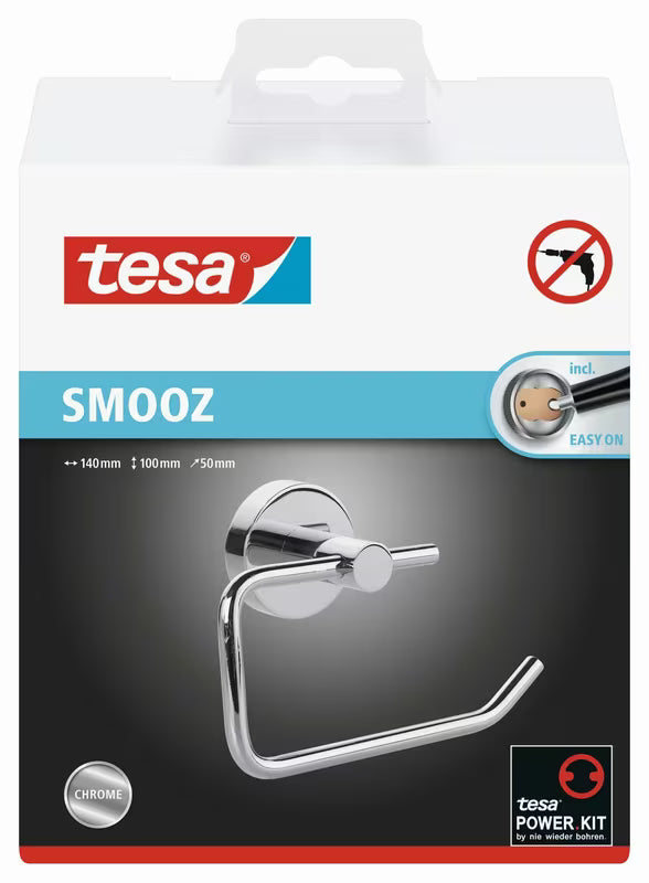 Chromový držák toaletního papíru Tesa Smooz s lepicí montáží bez vrtání a zaobleným designem.