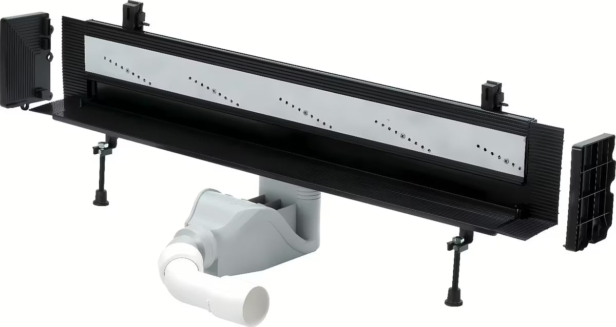 Černý sprchový žlab Viega Advantix Vario s úzkou odtokovou štěrbinou a nastavitelnou délkou 30–120 cm.