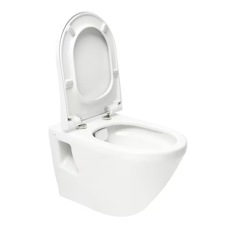 Bílé závěsné WC VitrA Integra bez splachovacího okruhu s technologií Rim-Ex a sedátkem SoftClose.