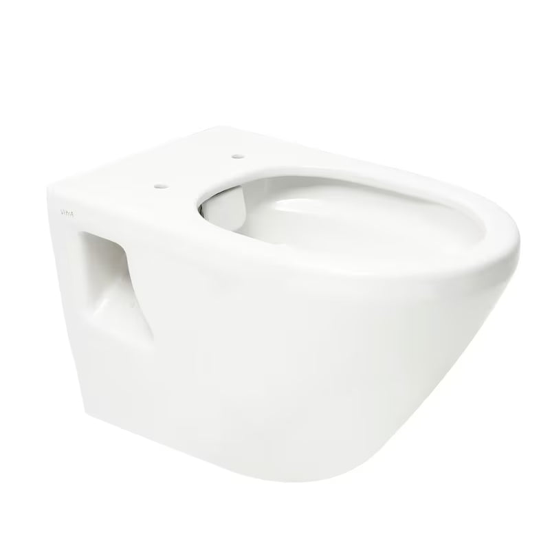 Bílé závěsné WC VitrA Integra bez splachovacího okruhu s technologií Rim-Ex a sedátkem SoftClose.