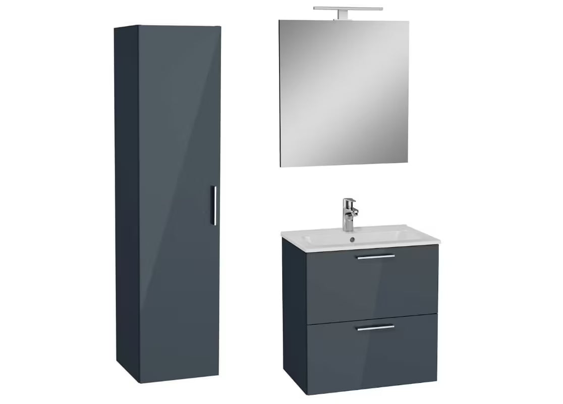 Koupelnová sestava VitrA Mia v antracitovém lesku s keramickým umyvadlem, zrcadlem a LED osvětlením.