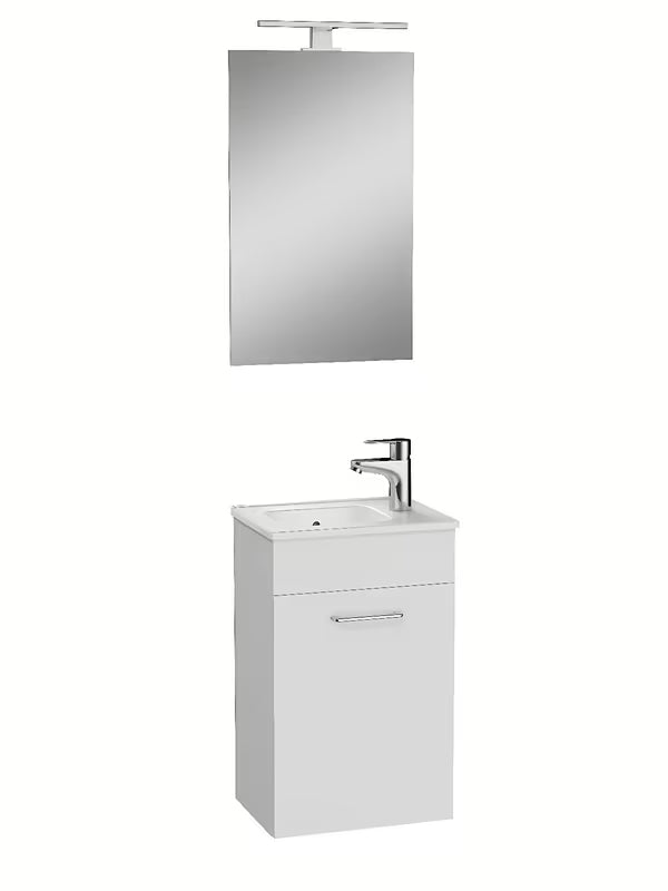 Bílá koupelnová sestava Vitra Mia s umyvadlem, závěsnou skříňkou, zrcadlem a LED osvětlením
