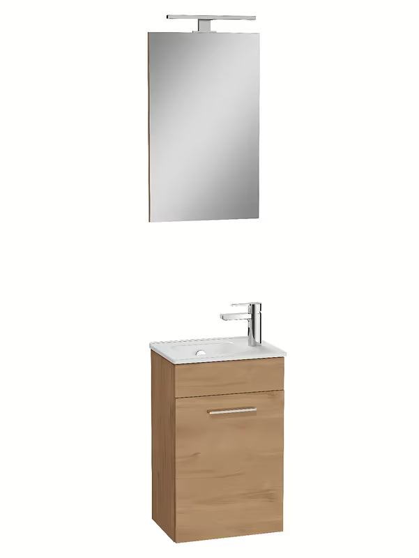 Kompaktní koupelnová sestava Vitra Mia 39x28 cm v dekoru zlatý dub se skříňkou, umyvadlem a zrcadlem