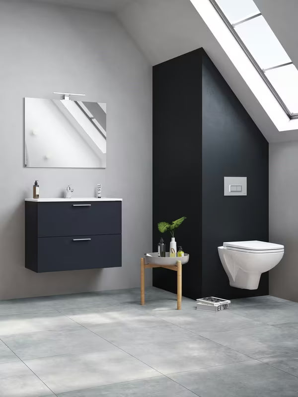 Koupelnová sestava Vitra Mia 79 x 39,5 cm v antracitové barvě se skříňkou, umyvadlem, zrcadlem a LED osvětlením.
