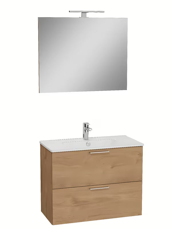 Koupelnová sestava Vitra Mia 79 x 39,5 cm v dekoru zlatý dub se skříňkou, umyvadlem, zrcadlem a LED osvětlením.