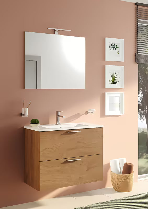 Koupelnová sestava Vitra Mia 79 x 39,5 cm v dekoru zlatý dub se skříňkou, umyvadlem, zrcadlem a LED osvětlením.