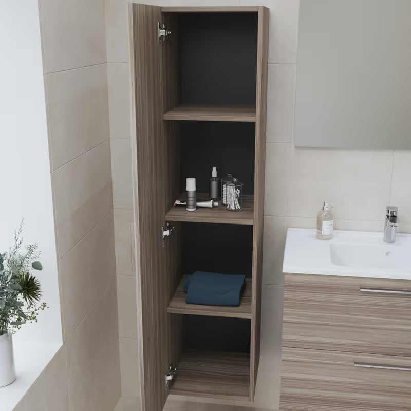 Vysoká závěsná koupelnová skříňka VitrA Mia 35x35x145 cm v dekoru cordoba s dvířky a policemi.
