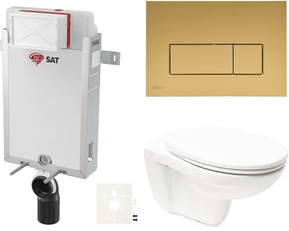 Závěsný WC set Vitra Normus s modulem k zazdění, nádržkou SAT a tlačítkem SAT gold mat.