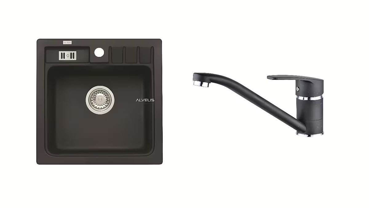 Set granitového kuchyňského dřezu Alveus Seta092 bez odkapu s hladkým povrchem a sítkovým odtokem