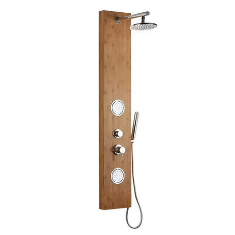 Sprchový hydromasážní panel Anima Bamboo Shower z bambusu s hlavovou a ruční sprchou a masážními tryskami.