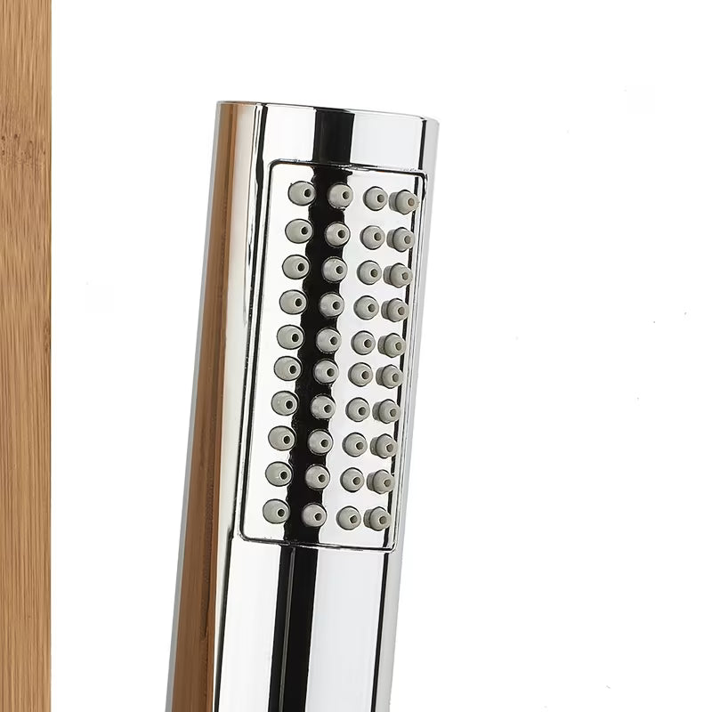 Sprchový hydromasážní panel Anima Bamboo Shower z bambusu s hlavovou a ruční sprchou a masážními tryskami.