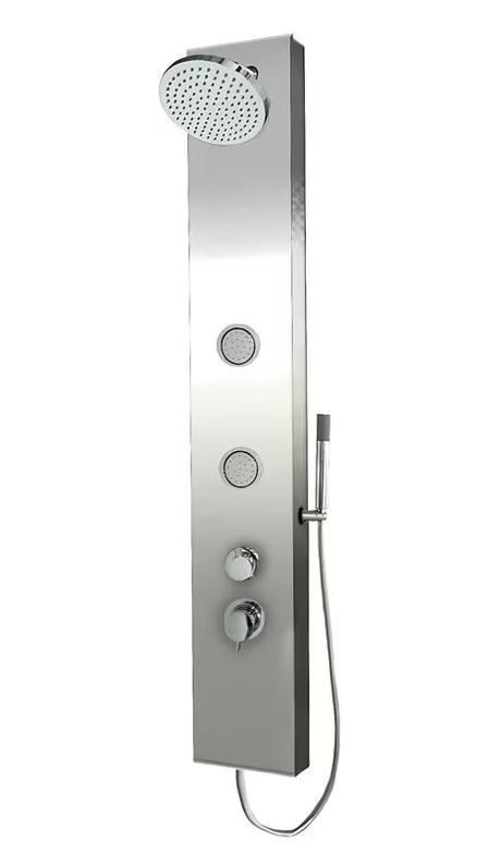 Sprchový panel Anima Primeshower s pákovou baterií, horní dešťovou sprchou, ruční sprchou a masážními tryskami.