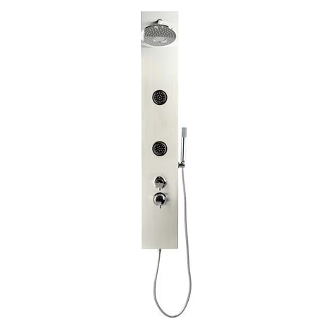 Sprchový panel Anima Primeshower s pákovou baterií, horní dešťovou sprchou, ruční sprchou a masážními tryskami.