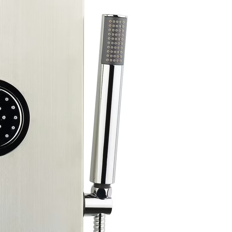 Sprchový panel Anima Primeshower s pákovou baterií, horní dešťovou sprchou, ruční sprchou a masážními tryskami.