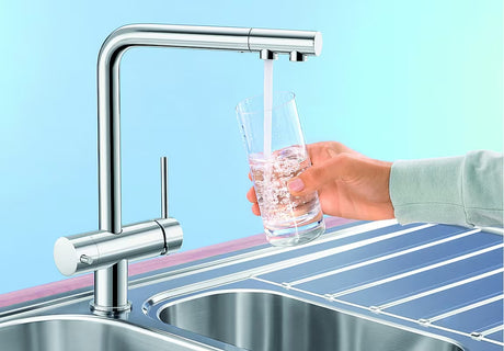 Blanco Fontas II dřezová baterie Supersteel s matným nerezovým vzhledem a dvoucestným ovládáním