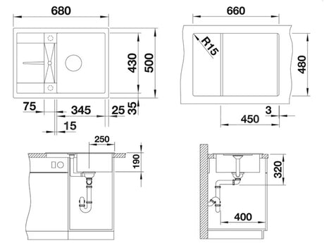 Granitový kuchyňský dřez Blanco Metra 45 S Compact s odkapní plochou v barvě šedá skála