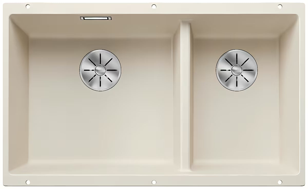 Granitinė virtuvinė dviejų dubenų plautuvė Blanco Subline 430/270 U pro apatinis montavimas, balta soft