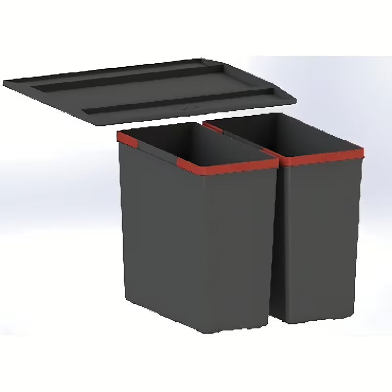 Černý vestavný odpadkový koš Franke Sorter se dvěma nádobami pro dvoudruhové třídění do zásuvky.