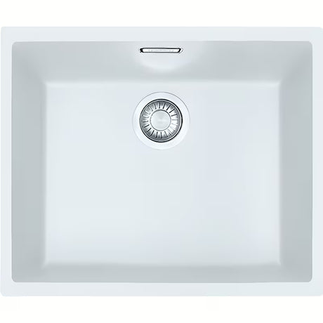Bílý kuchyňský jednodřez Franke Sid110-50 z Tectonite pro montáž pod pracovní desku se skrytým přepadem.