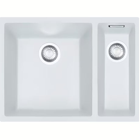 Bílý kuchyňský dřez Franke Sirius z materiálu Tectonite pro montáž pod pracovní desku se dvěma vaničkami.
