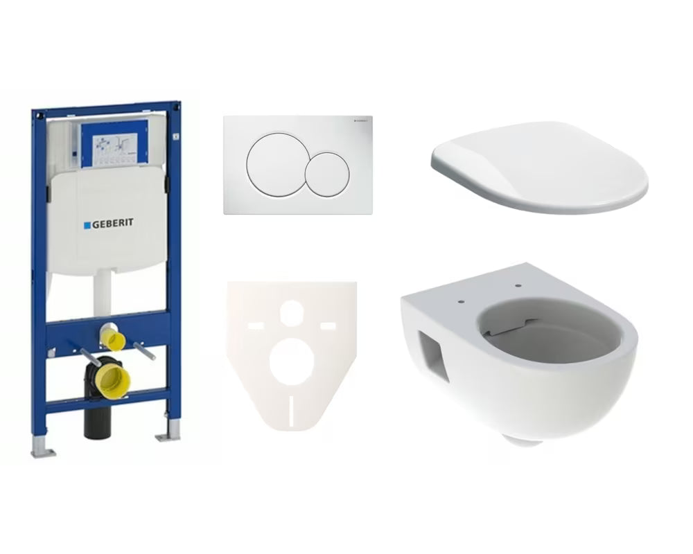 Závěsný WC set Geberit Selnova s nádržkou Geberit Duofix a duroplastovým sedátkem s tichým dovíráním.