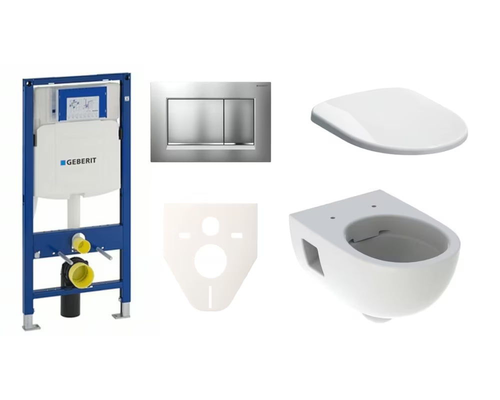 Závěsný WC set Geberit Selnova s modulem Duofix, Rimfree mísou, sedátkem SoftClose a tlačítkem chrom matný.