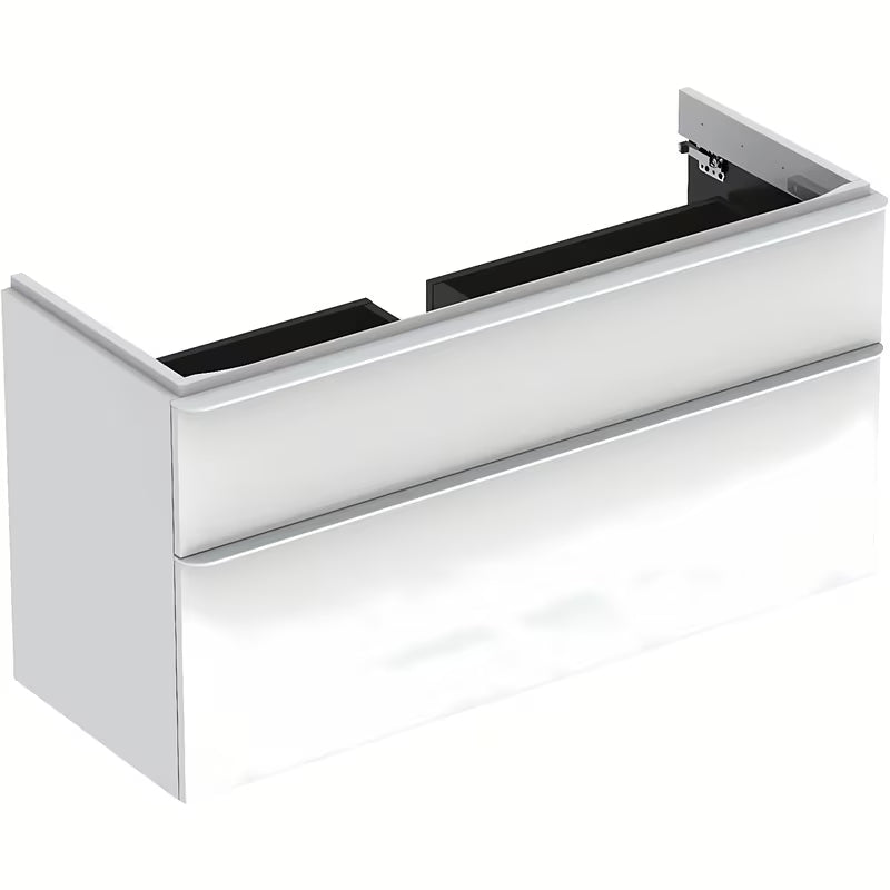 Bílá závěsná skříňka pod umyvadlo Geberit Smyle Square 118,4x62x47 cm s tichým dovíráním SoftClose.