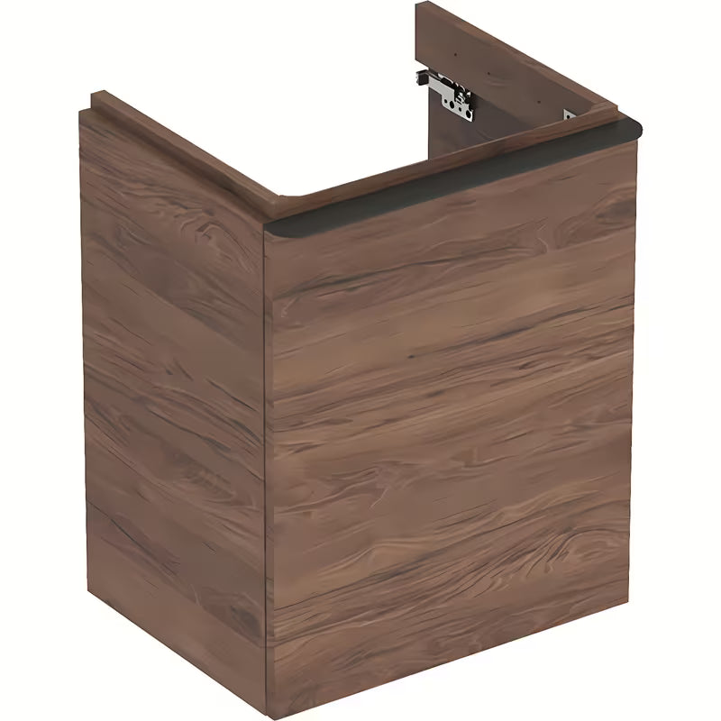 Závěsná skříňka pod umyvadlo Geberit Smyle Square v dekoru ořech s levým otevíráním dvířek.