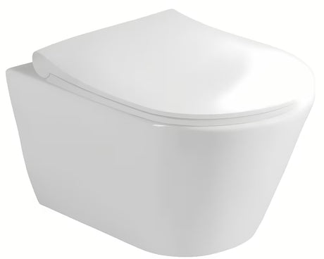 Závěsný WC set Glacera Ava s instalačním modulem Geberit a ovládacím tlačítkem Delta v bílé lesklé.