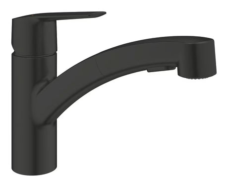 Matně černá dřezová baterie Grohe s vytahovací duální sprškou a otočným výtokem