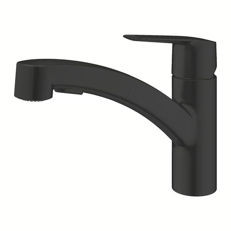 Matně černá dřezová baterie Grohe s vytahovací duální sprškou a otočným výtokem