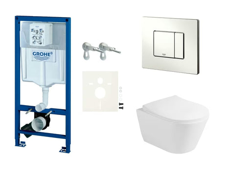 Závěsný WC set Glacera Ava s modulem Grohe Rapid SL, nádržkou a ovládacím tlačítkem Skate Cosmopolitan