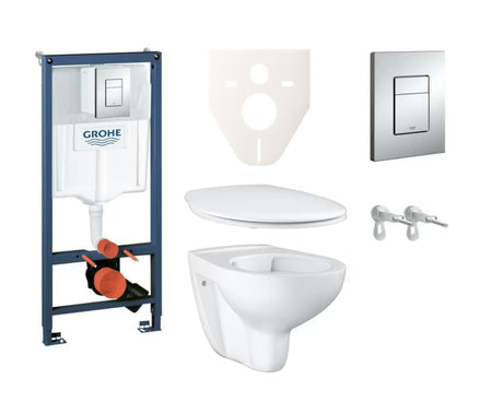 Závěsný WC set Grohe Bau Ceramic s předstěnovým modulem, nádržkou, sedátkem a tlačítkem v chrom lesku.