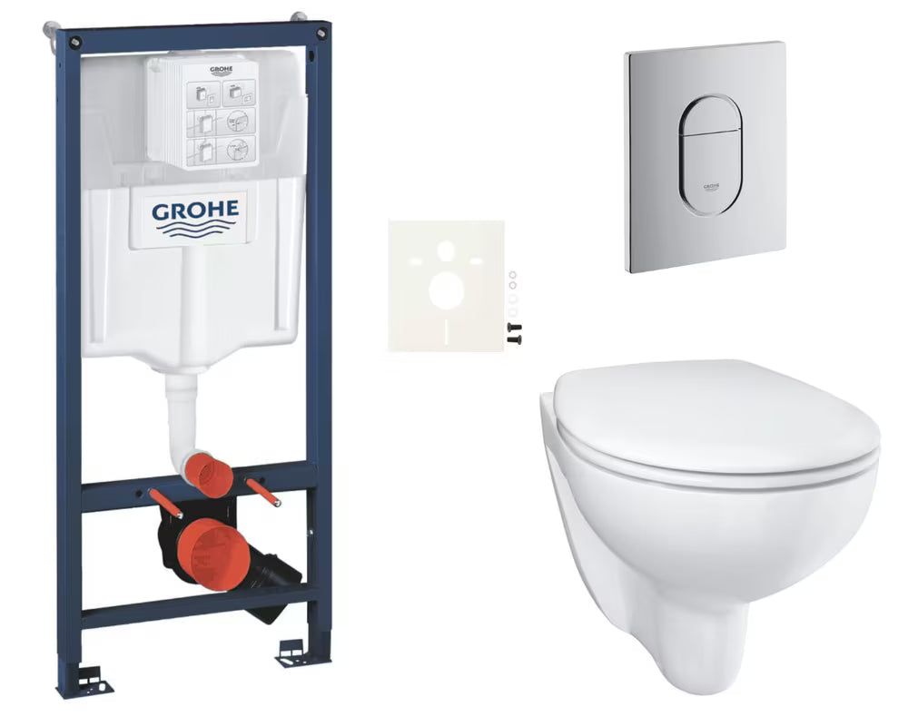 Pakabinami WC komplektas Grohe Bau Ceramic su montavimo moduliu Rapid SL, mygtuku Arena Cosmopolitan ir sėdyne softclose