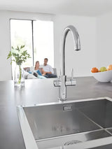 Chromuotas virtuvinis maišytuvas Grohe Blue Home Duo su filtru, su aušinimu ir mygtuku pro, gazuotam ir negazuotam vandeniui