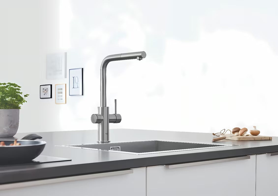 Grohe Blue Home dřezová baterie supersteel s filtrační funkcí a chladičem pro perlivou vodu